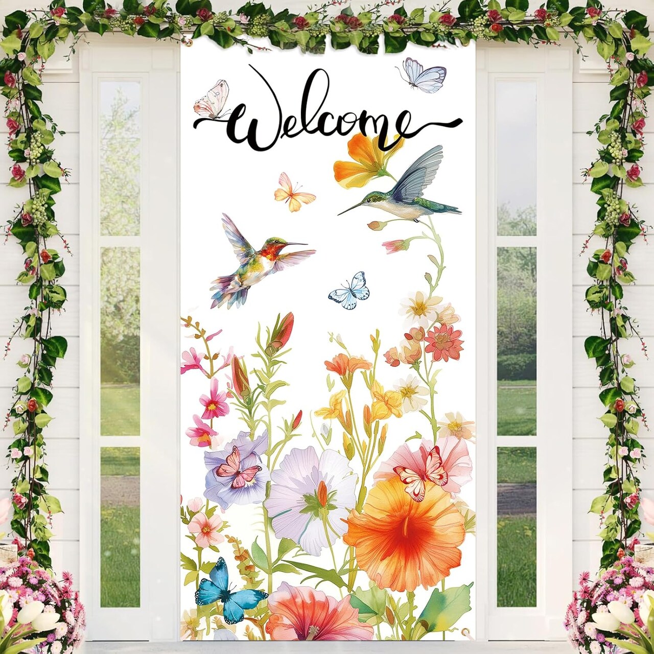 Welcome Butterfly Spring Door Cover Flower Butterfly Door Banner Cover Decorations Summer Banner Bird Flower Door Cover Spring Porch Sign Seasonal Party Decor for Indoor Outdoor Garden